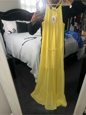 H&M Bright Yellow Tiered Maxi Dress with Spaghetti Straps